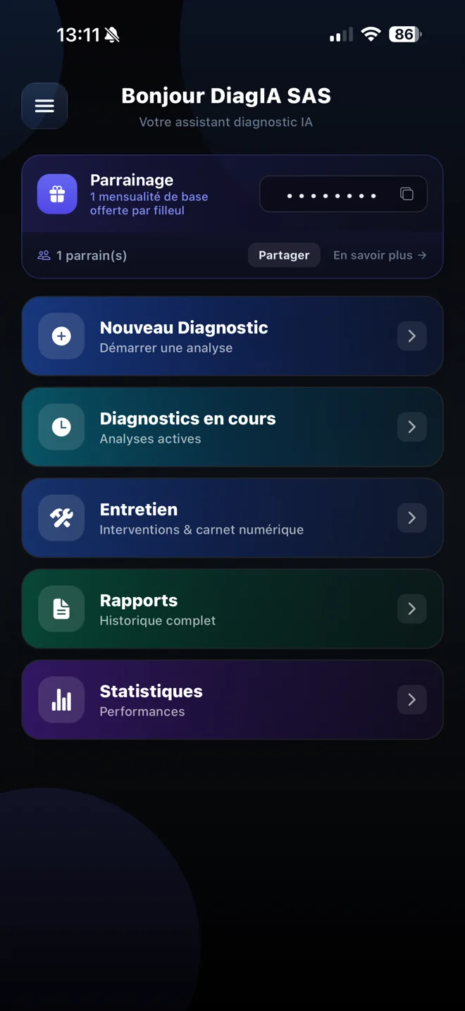 Écran d’accueil de l’application DIAGIA : nouveau diagnostic, diagnostics en cours, entretien, rapports, statistiques et parrainage