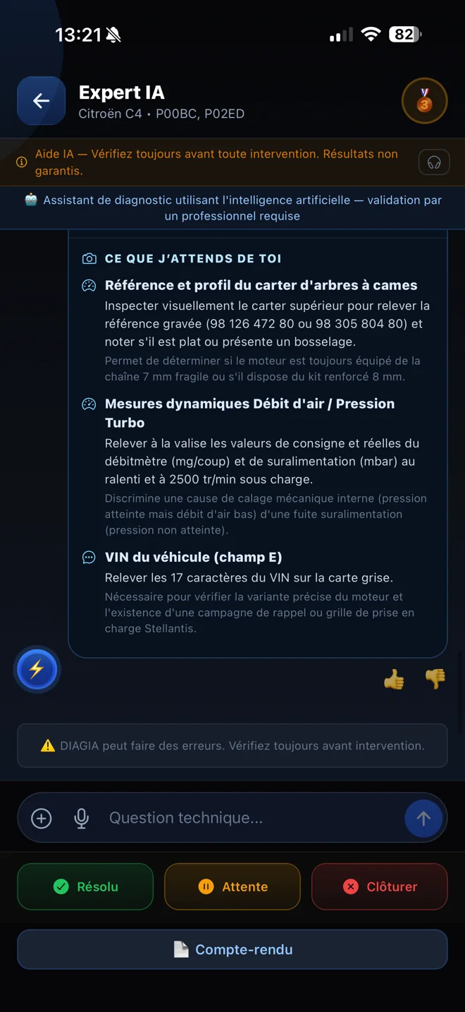 Rubrique « Ce que j’attends de toi » dans DIAGIA : relever la référence du carter d’arbres à cames, mesurer débit d’air et pression turbo à la valise, relever le VIN