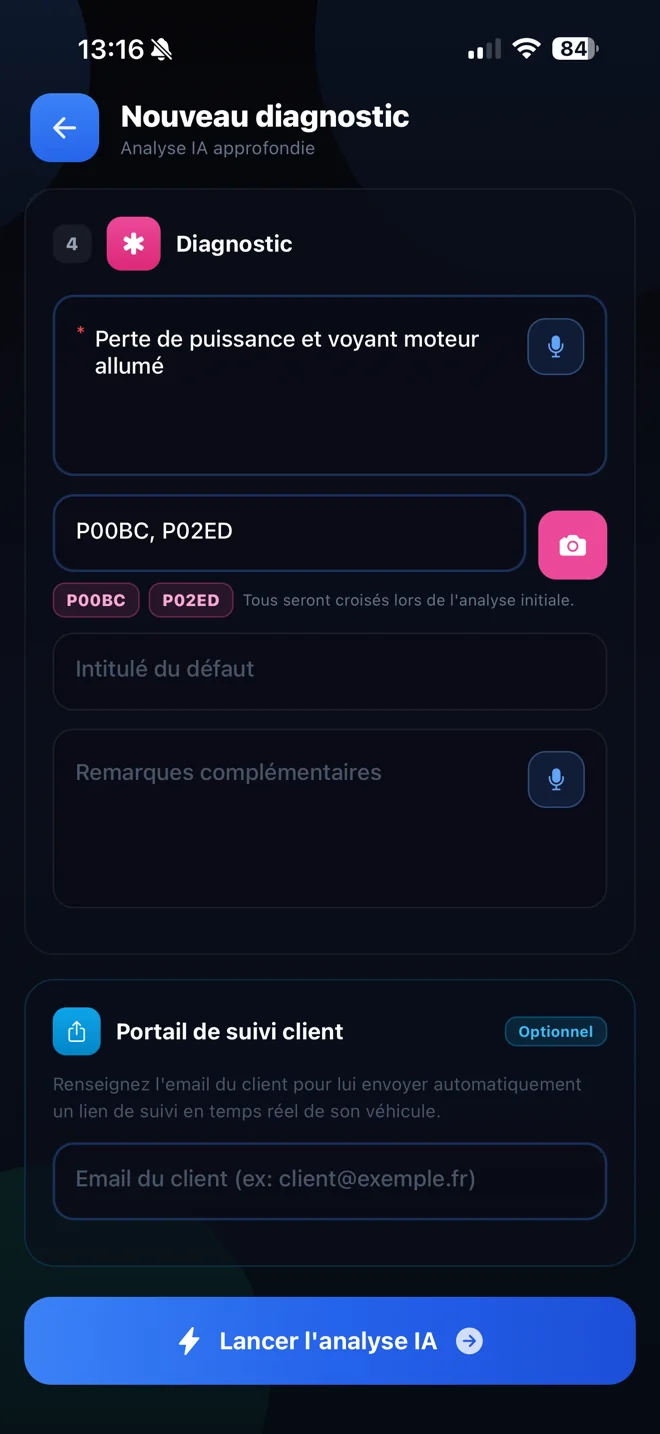 Nouveau diagnostic dans DIAGIA : symptôme « perte de puissance et voyant moteur allumé », codes P00BC et P02ED, bouton photo des codes, dictée, portail de suivi client