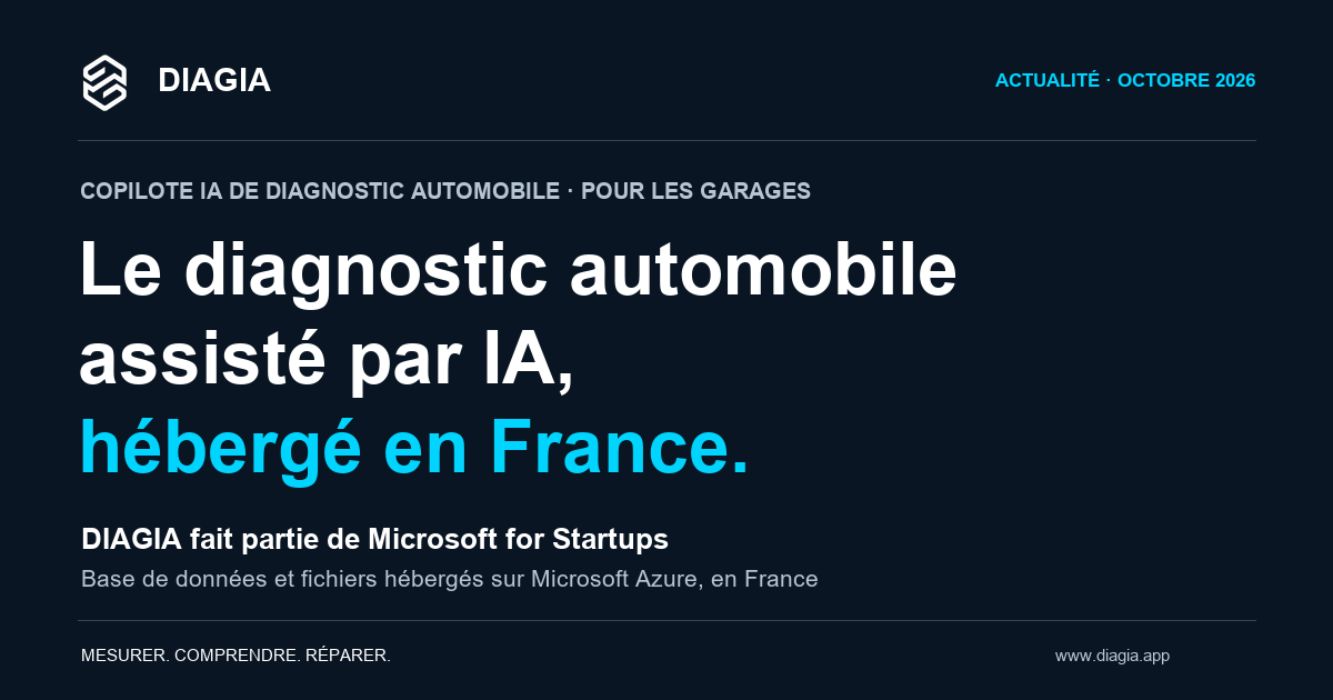 DIAGIA, le diagnostic automobile assisté par IA, hébergé en France. DIAGIA fait partie de Microsoft for Startups.